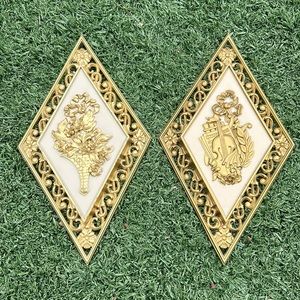 Vintage Dart Syroco Gold Diamond Floral & Violin Wall Plaques Set No. 4271